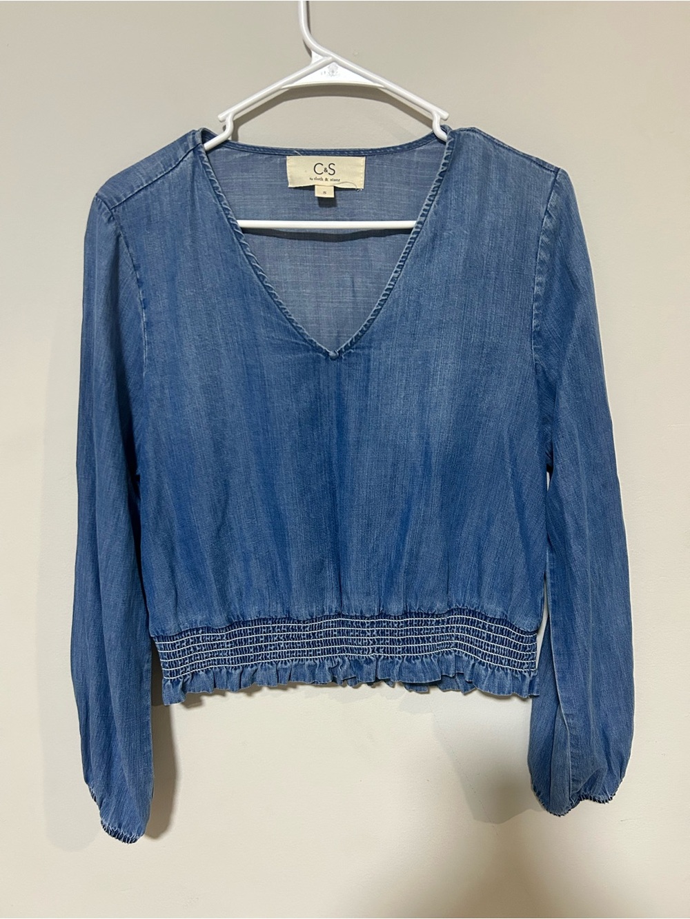 C&S Chambray Smocked Hem Crop Top Blue Long Sleeve Size S 0284